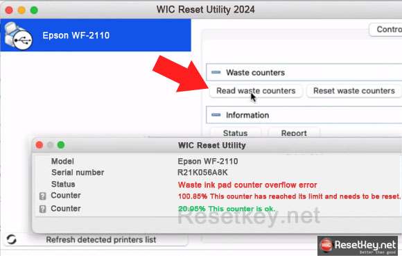 read waste counter to check Epson WF-2110 status