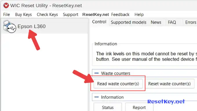 click read button to read epsonl360 waste ink counter