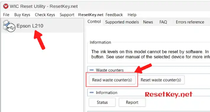 click read button to read epson l210 waste ink counter
