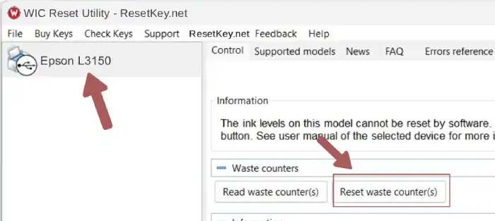 click reset button to reset epson l3150