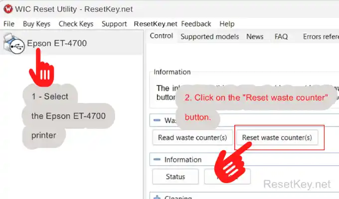 click reset waste ink counter button to reset epson et 4700