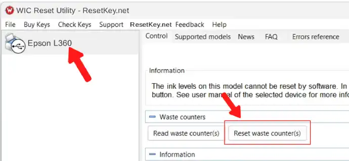 epsonl360 click reset waste ink counter button