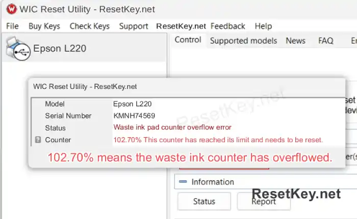 epson l220 click read waste ink counter button and result