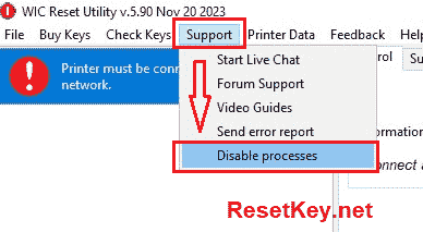 WIC Reset Utility interface showing the Support menu with Disable processes option highlighted