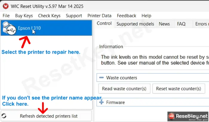 Select printer you want to reset from the WicReset's left sidebar