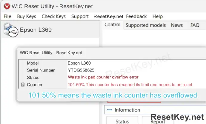read epsonl360 waste ink counter result