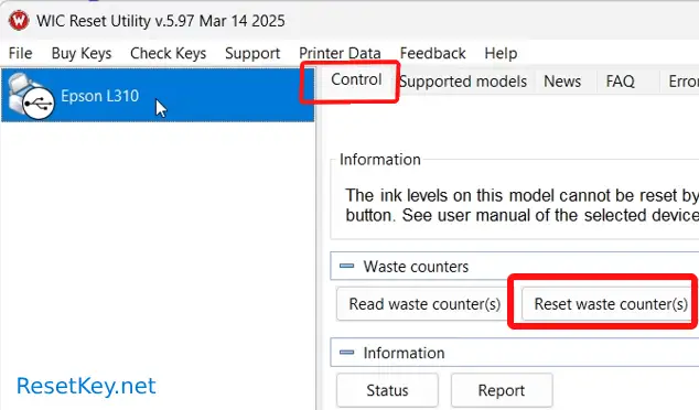 show reset waste counter button