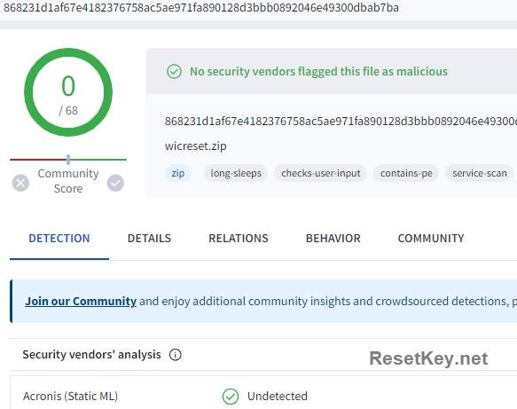 Virus scan report for WICReset software for Windows