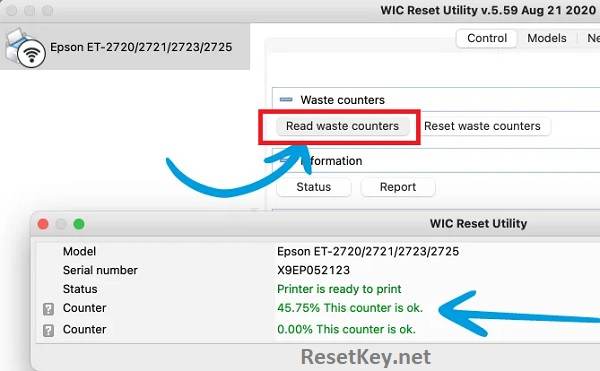 click read waste counter to check waste ink counter number