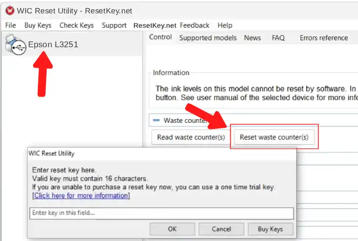 click reset button and enter reset key to reset epson l3251