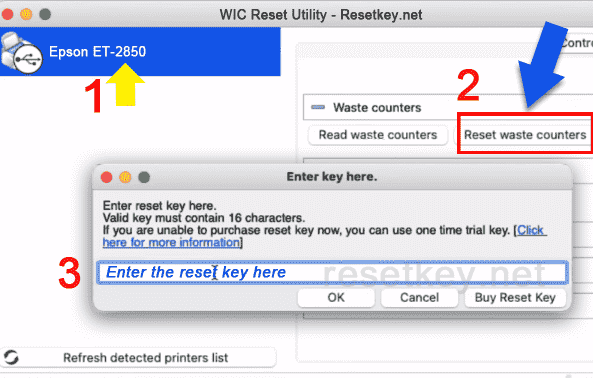 Reset key entry dialog box in WIC Reset Utility for Epson ET-2850