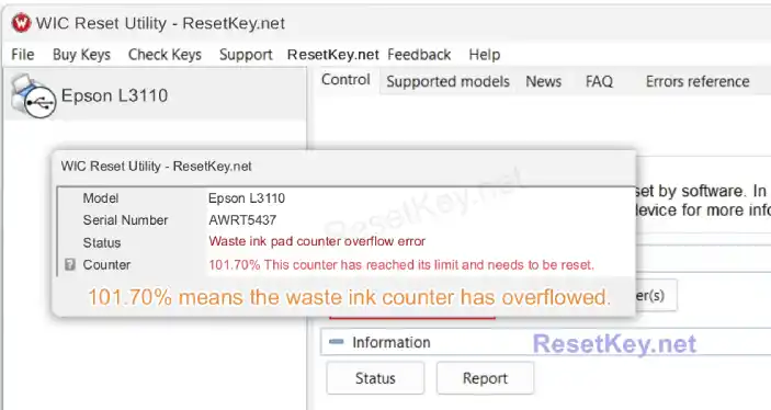 epson l3110 click read waste ink counter button and result