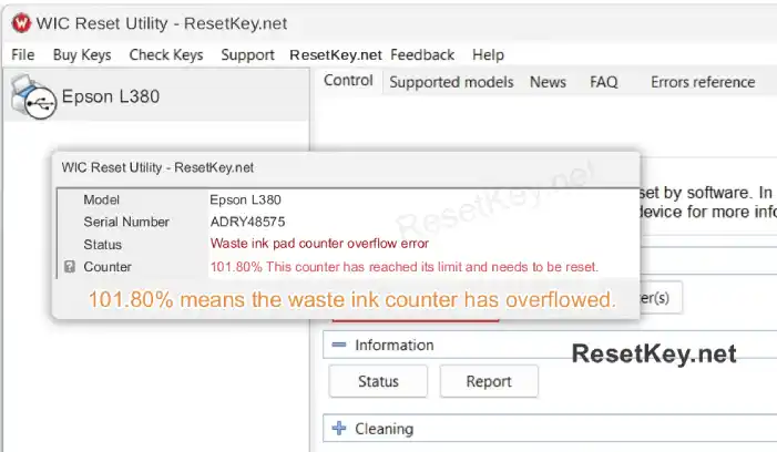 epson l380 click read waste ink counter button and result