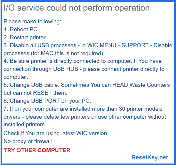 WICReset I/O service could not perform operation