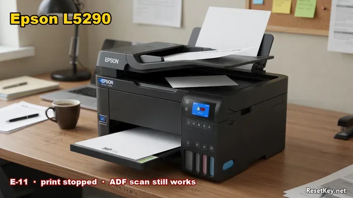 Epson L5290 EcoTank on a desk - ADF loaded, LCD showing an ink-pad error