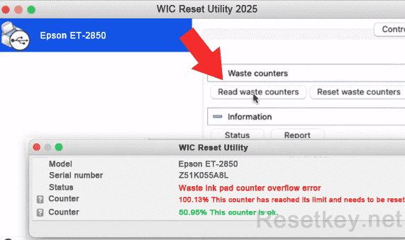 WIC Reset Utility window displaying waste ink counter readings for Epson ET-2850