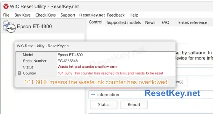 reset epson et-4800 click read waste ink counter button and result