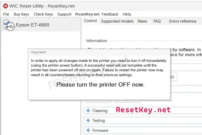 reset epson et-4800 new please turn off