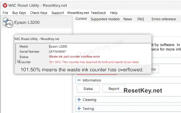 reset epson l3200 printer click read waste ink counter button and result