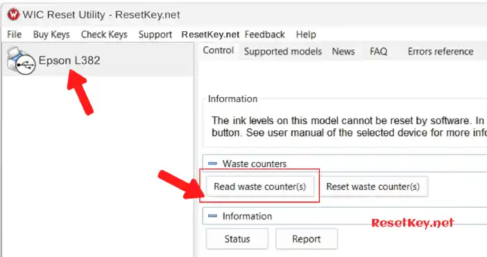 reset epson l382 click read button to read waste ink counte