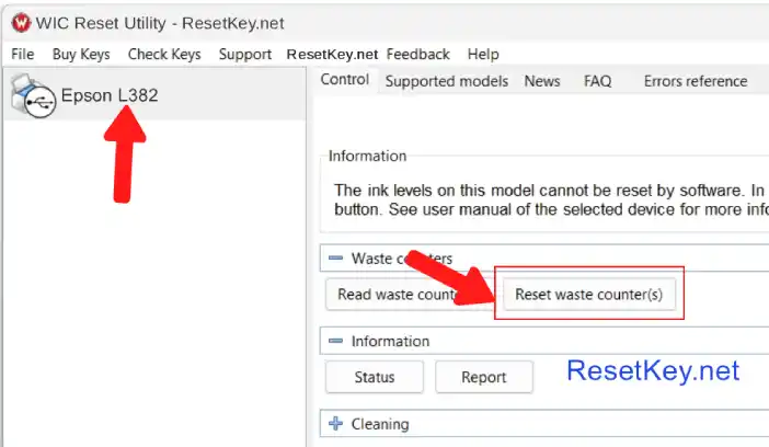reset epson l382 click reset waste ink counter butto