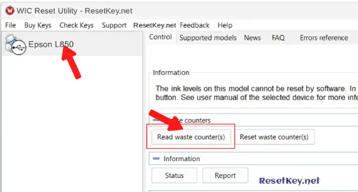 reset epson l850 printer click read button to read waste ink counter