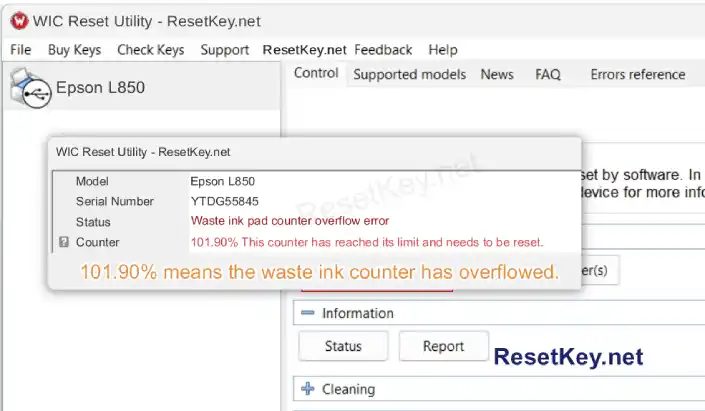 reset epson l850 printer click read waste ink counter button and result