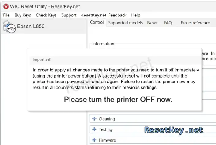 reset epson l850 printer turn off then on to restart printer
