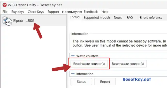 reset epson l805 click read button to read waste ink counte