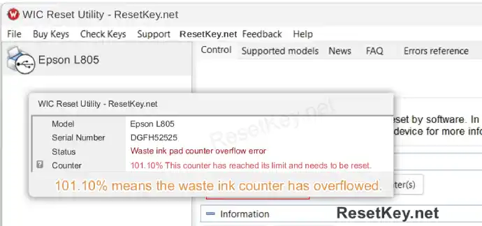 reset epson l805 click read waste ink counter button and resul