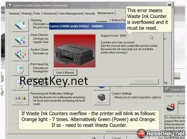 This error means Canon G4900 printer Waste Ink Counter is overflowed and it must be reset