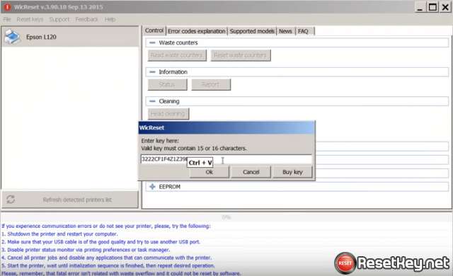 enter Epson L362 reset key