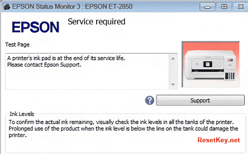 Computer screen showing Epson ET-2850 service required error message with waste ink pad warning