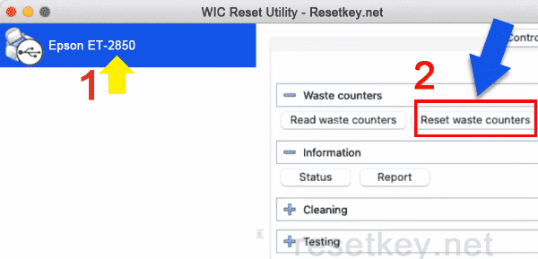 WIC Reset Utility interface with Reset Waste Counters button highlighted for Epson ET-2850