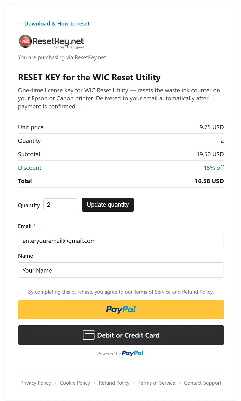 ResetKey.net checkout — confirm quantity, enter email, choose PayPal or debit/credit card