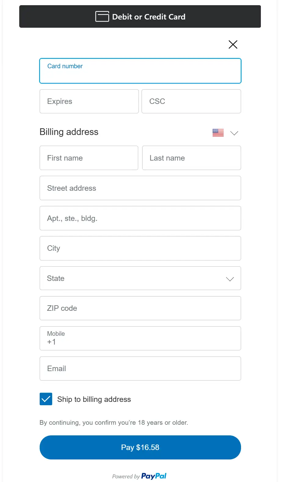 PayPal debit or credit card form to buy WIC Reset Key without PayPal account