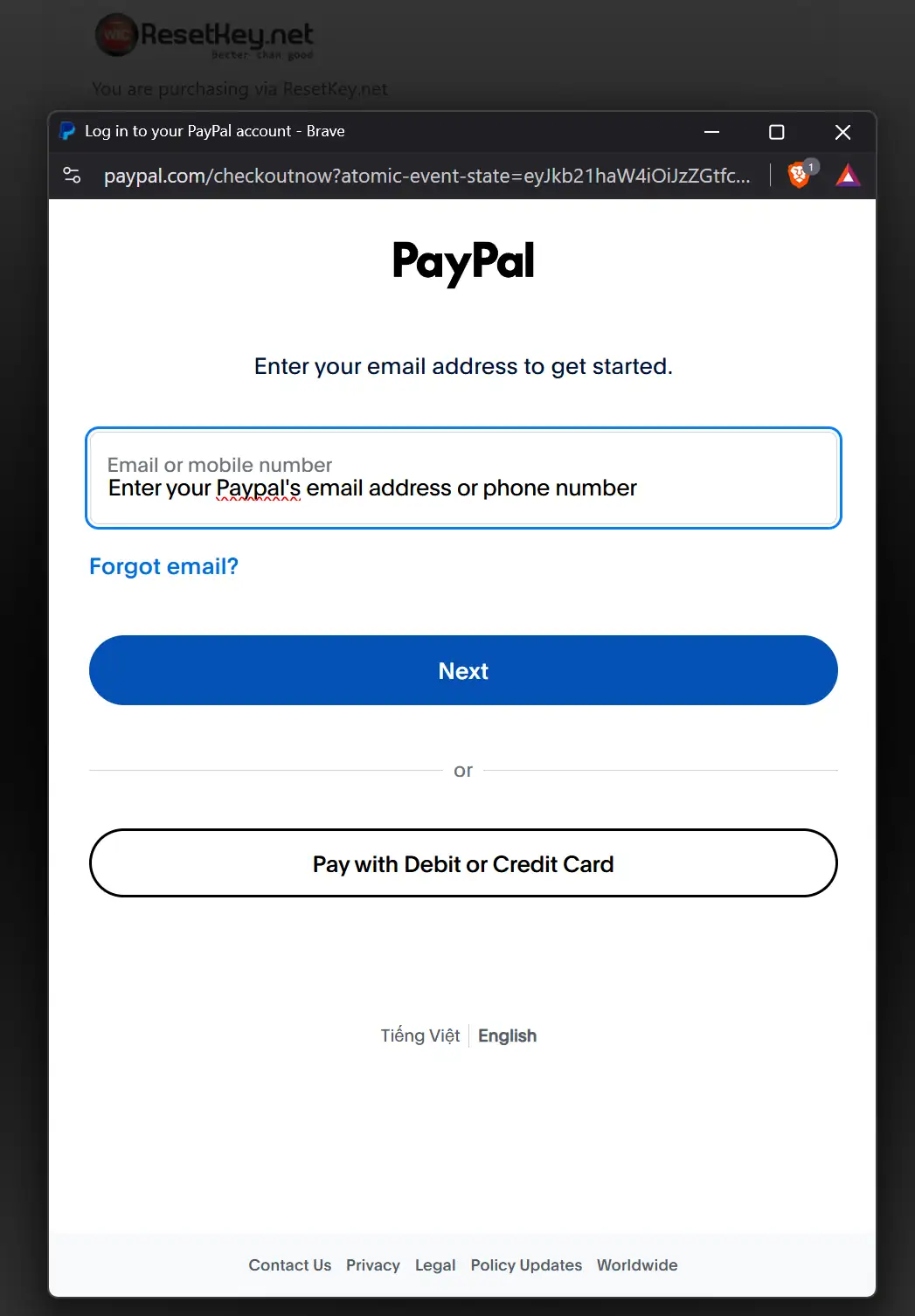 PayPal login window to pay for WIC Reset Key with PayPal account
