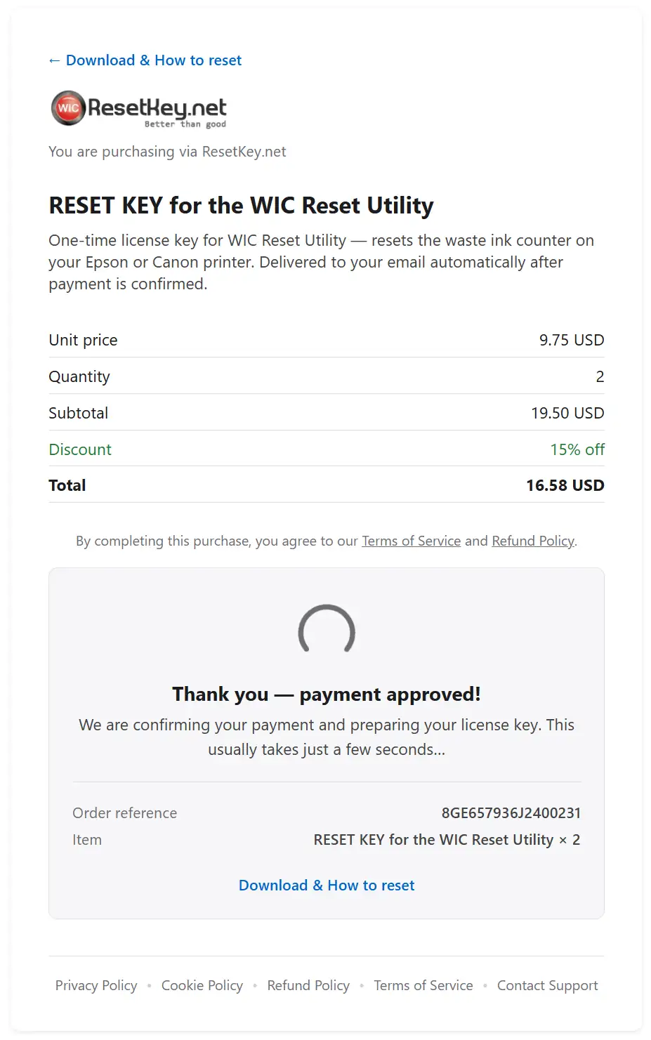 Payment approved screen while ResetKey.net prepares the WIC Reset Key