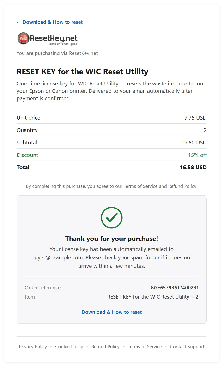 Thank you page — WIC Reset Key emailed automatically after purchase