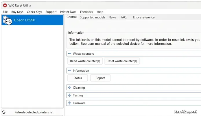 WIC Reset Utility detecting Epson L5290 connected via USB