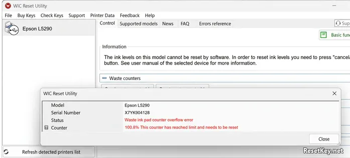 Epson L5290 waste ink pad counter overflow error at 100.8% in WIC Reset