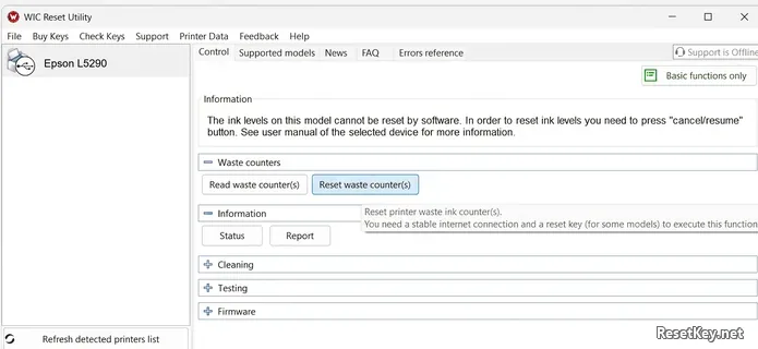 Clicking Reset waste counters button for Epson L5290