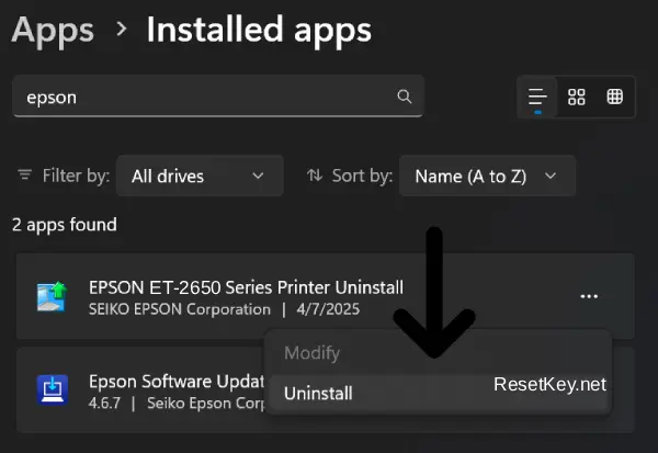 uninstall epson et 2650 printerdriver