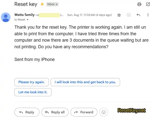 watts family email feedback - after buy and reset the printer with wic reset utility
